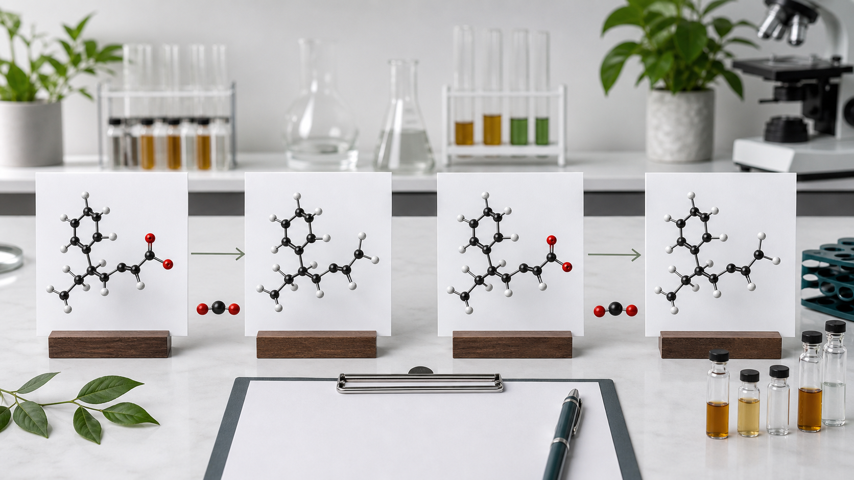 Paired abstract molecular models showing acidic cannabinoids changing into corresponding neutral forms