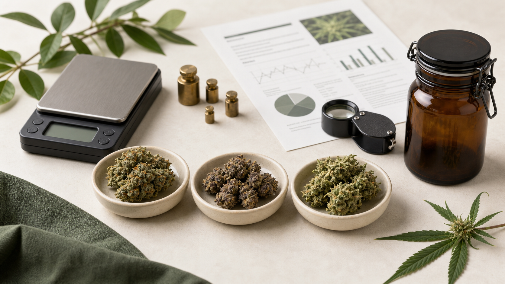 CBD flower, batch report, gram weights, and storage jar arranged for comparison