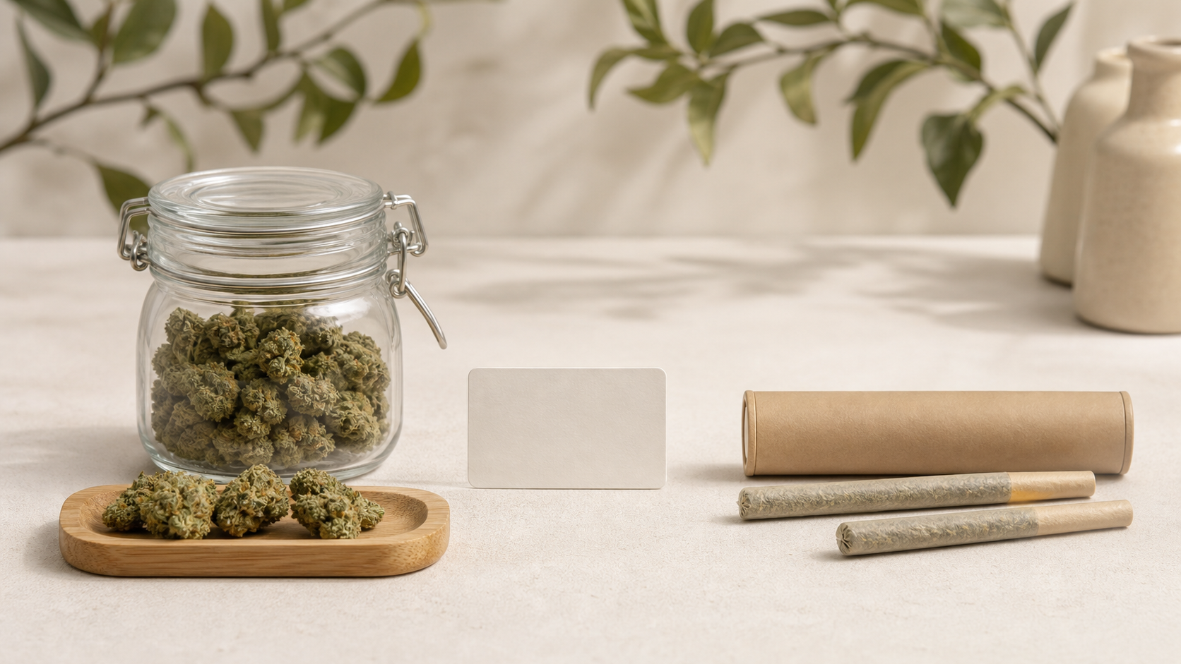 Unbranded loose hemp flower in a glass jar beside two unlit pre-rolls and a plain storage tube