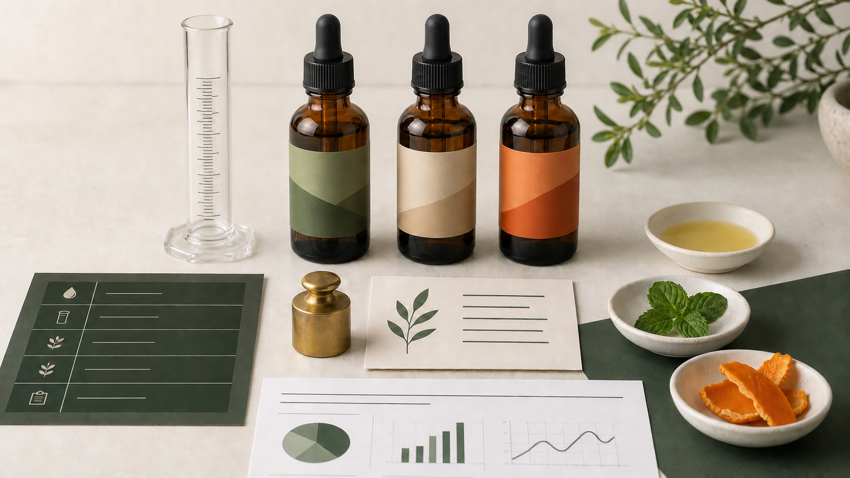 Amber hemp oil bottles, milliliter measure, ingredient card, and batch report arranged for label comparison
