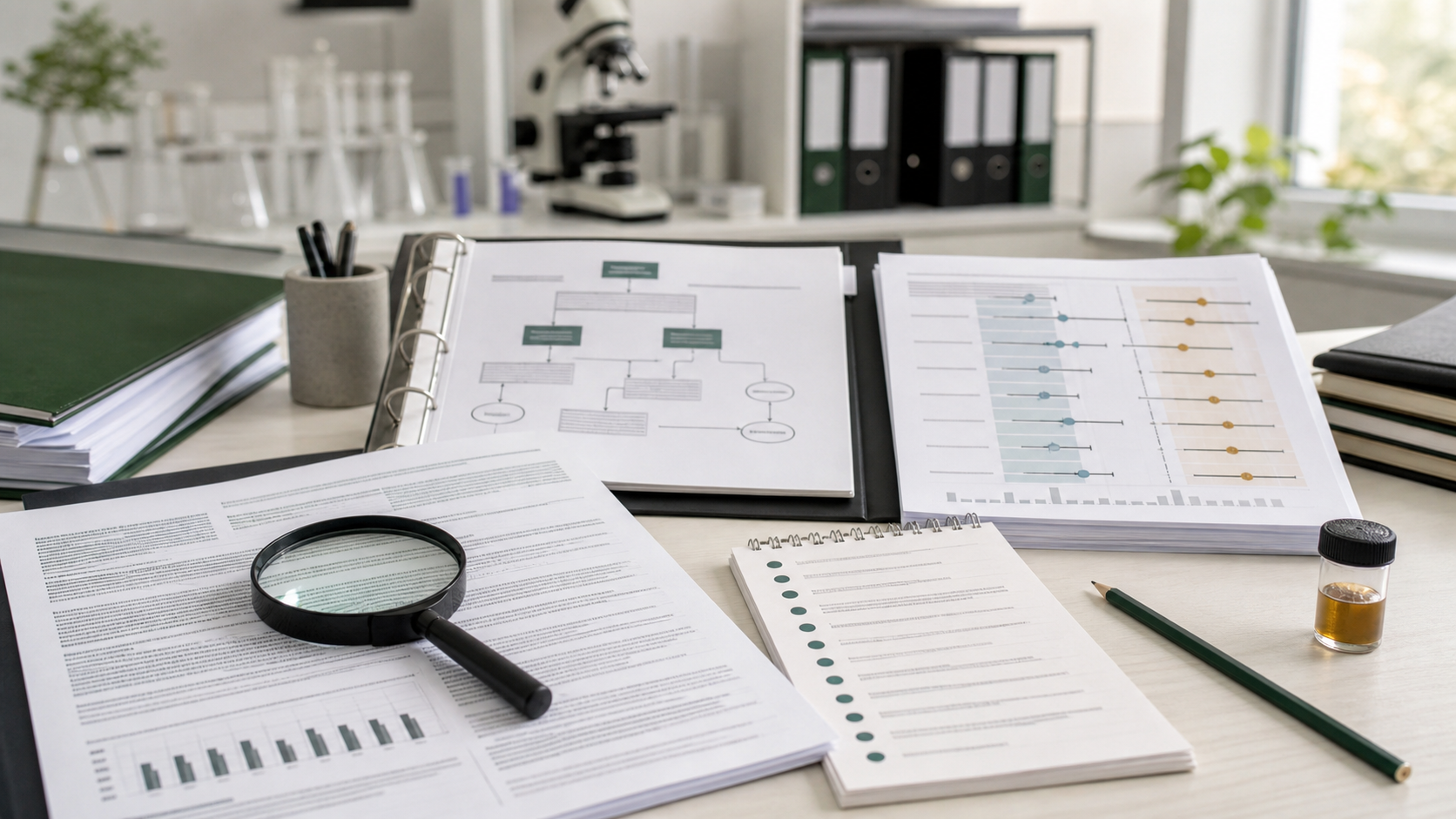 Research paper, protocol checklist, and magnifying glass arranged for careful CBD study review