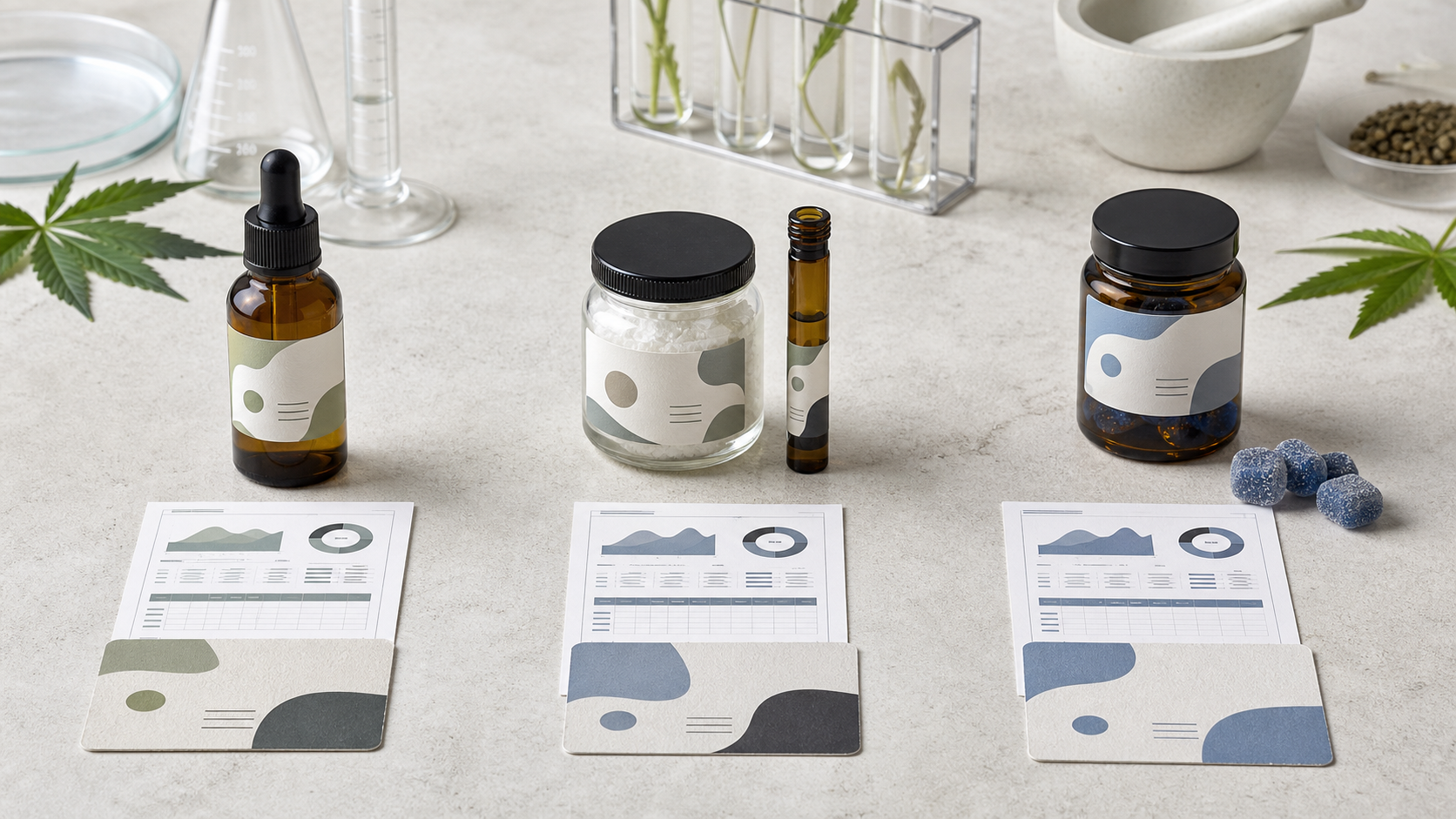 Unbranded oil, isolate, concentrate, and gummy formats arranged with neutral laboratory report cards