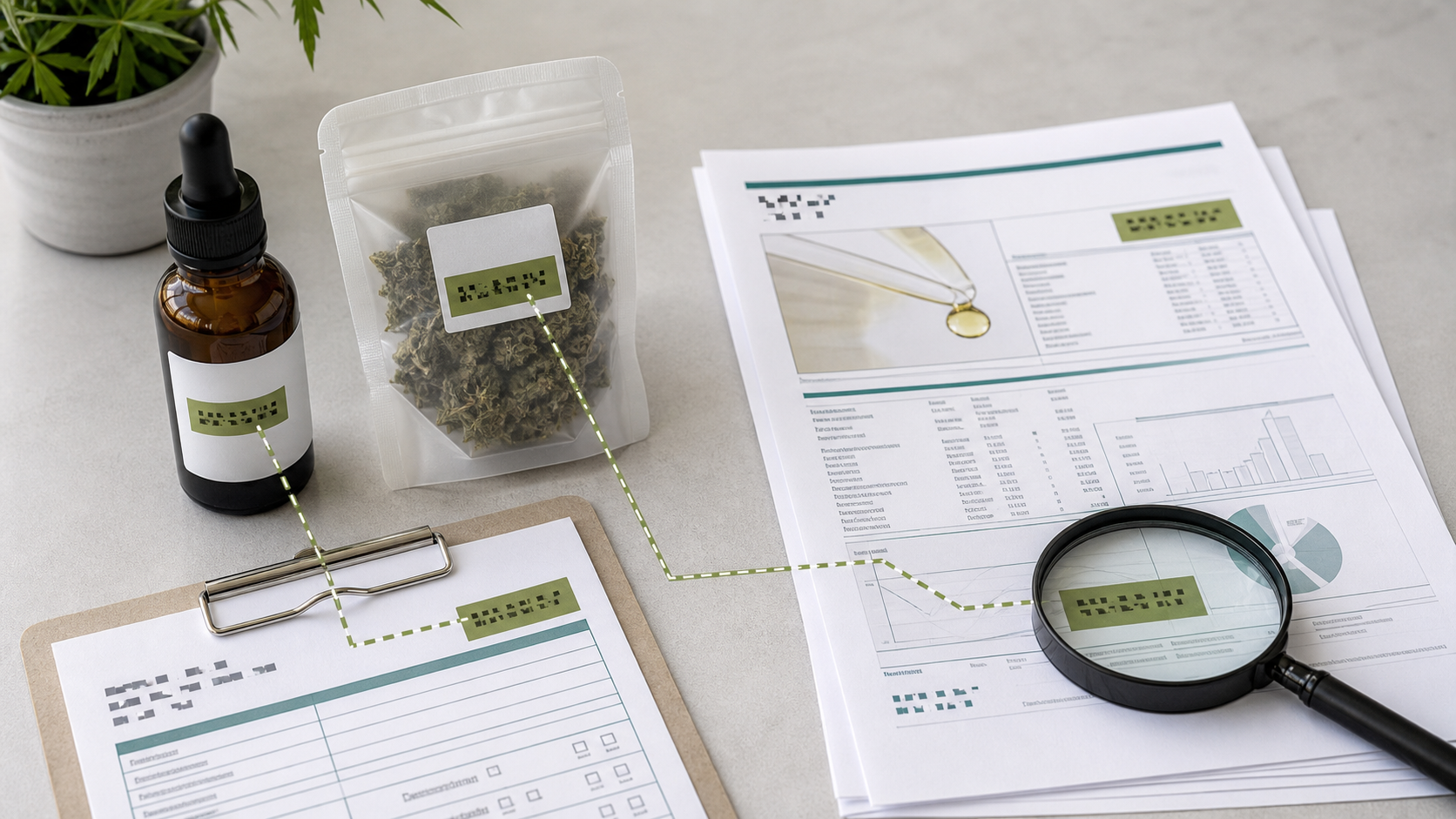 Unbranded hemp packages connected by lot-code markers to a laboratory report and chain-of-custody form