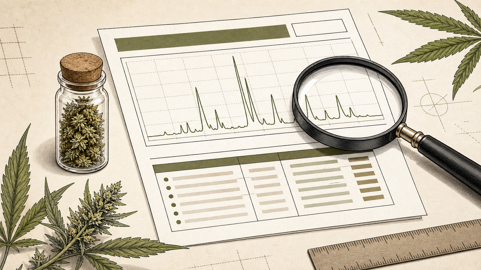 Illustrated hemp laboratory report with chromatogram, sample vial, and magnifying glass