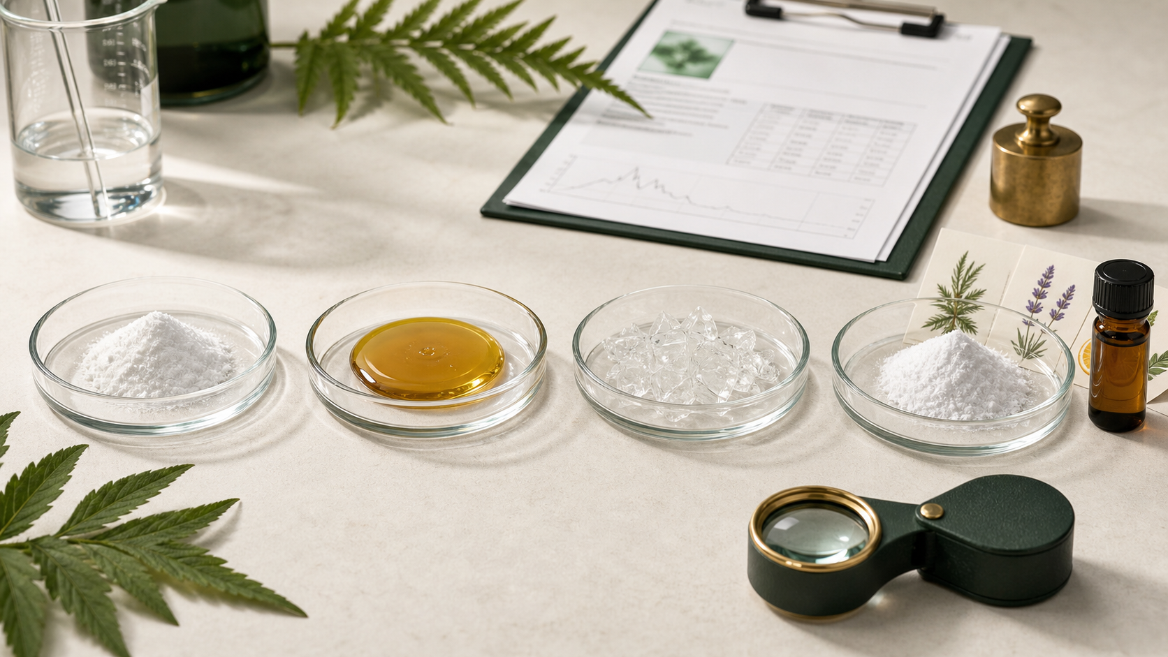 Isolate powder, golden distillate, cannabinoid crystals, and a terpene specification arranged for comparison