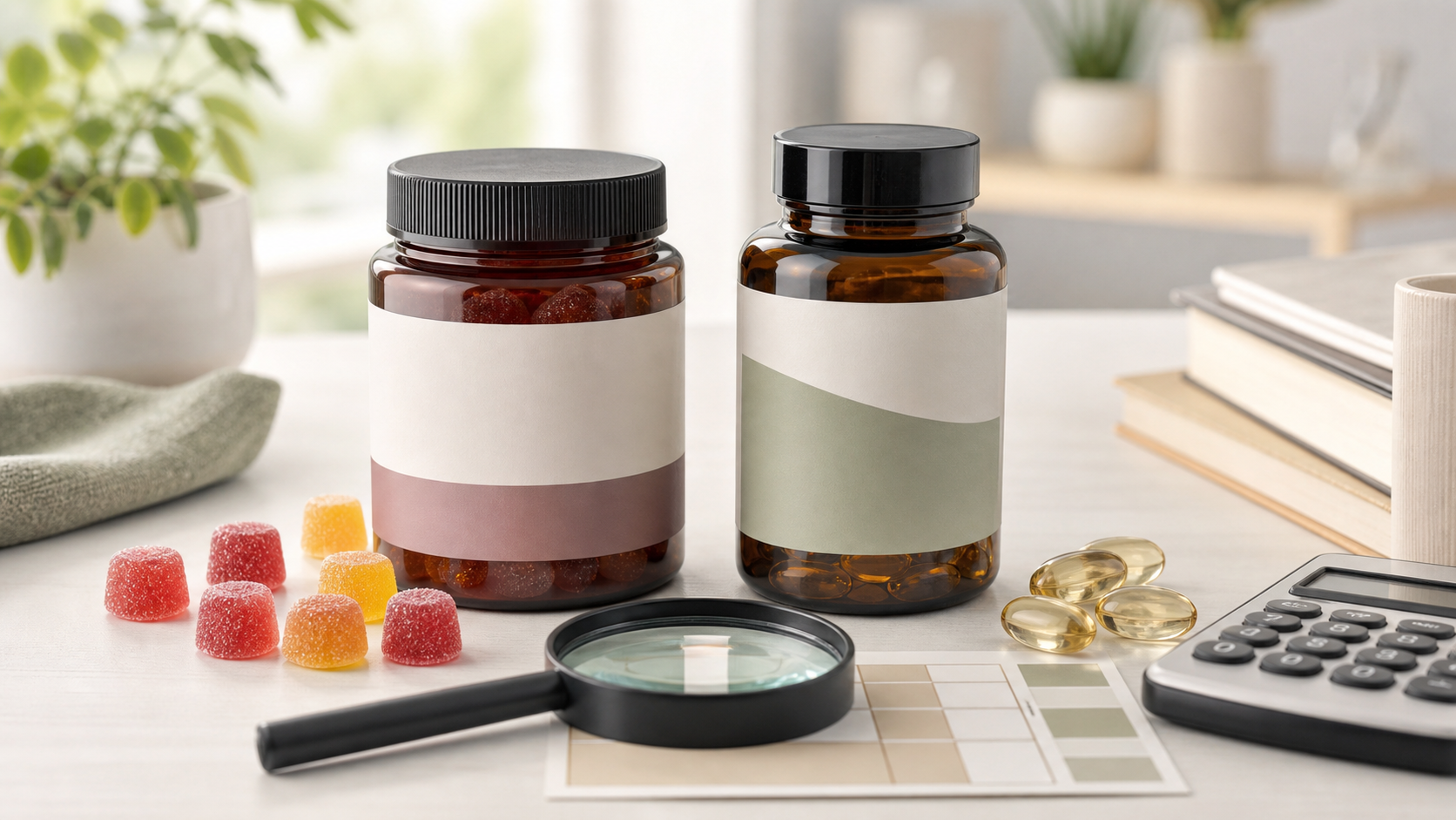 Unbranded gummy and gel-capsule jars beside a magnifying glass and blank comparison card