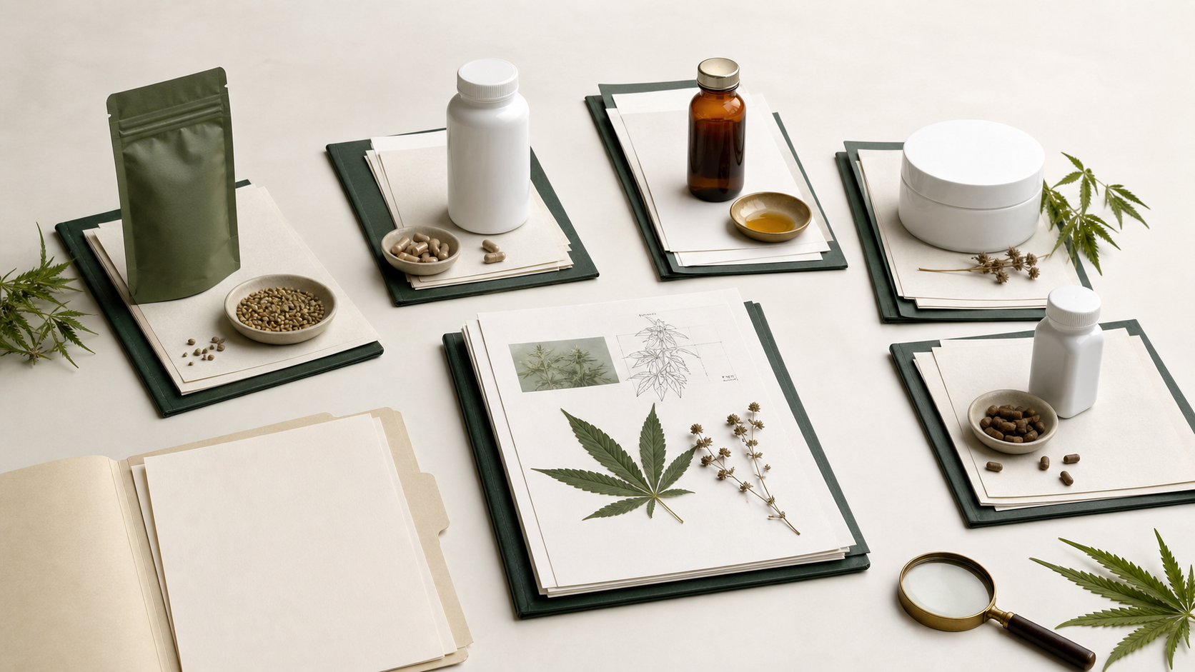 Separate regulatory files for food, supplements, drugs, cosmetics, and animal products arranged around a CBD research record