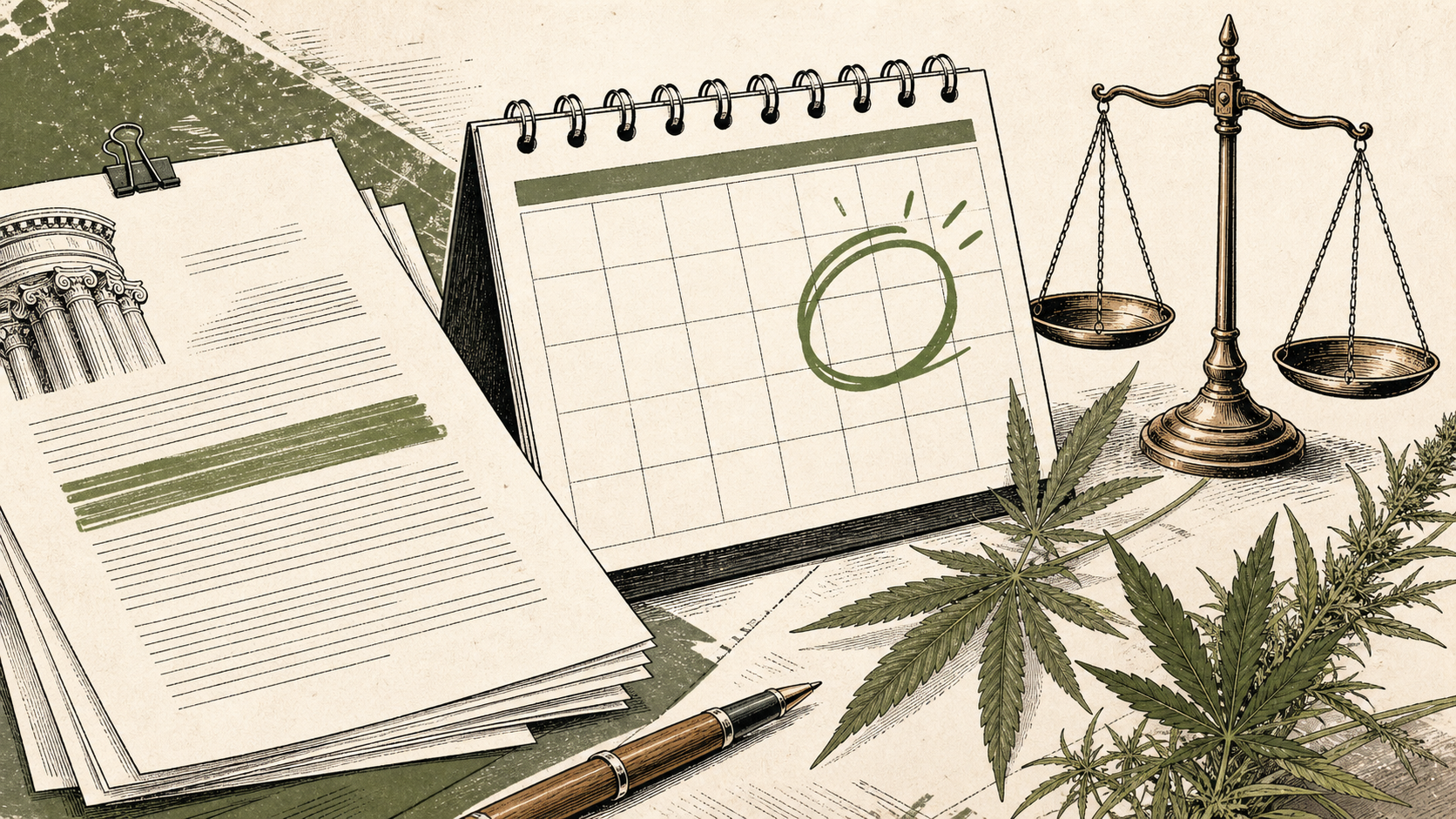 Illustrated legal documents, marked calendar, balance scale, and hemp leaves
