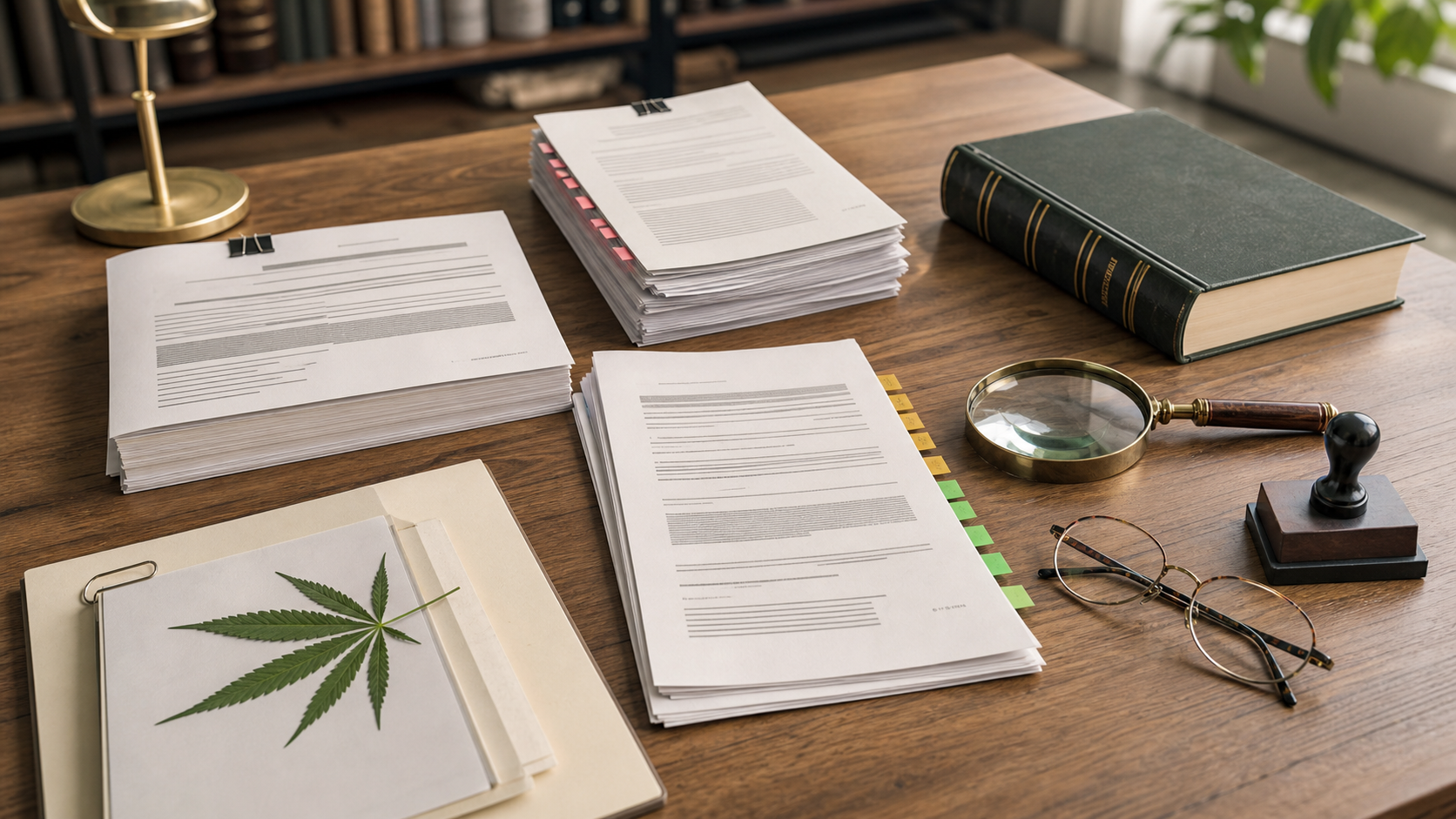 Legislative research desk with document stages, law volume, date stamp, and magnifying glass
