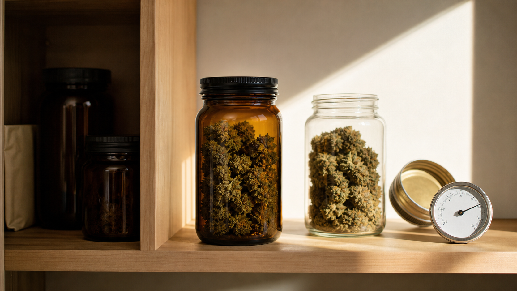Sealed amber hemp-flower jar in a shaded cabinet beside a clear jar exposed to light and an analog humidity gauge
