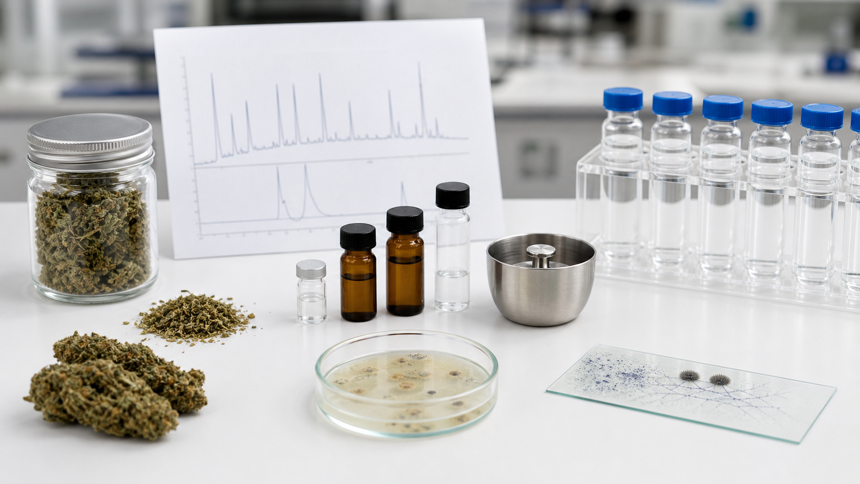 Unbranded hemp sample and separate laboratory instruments representing cannabinoid and contaminant test panels