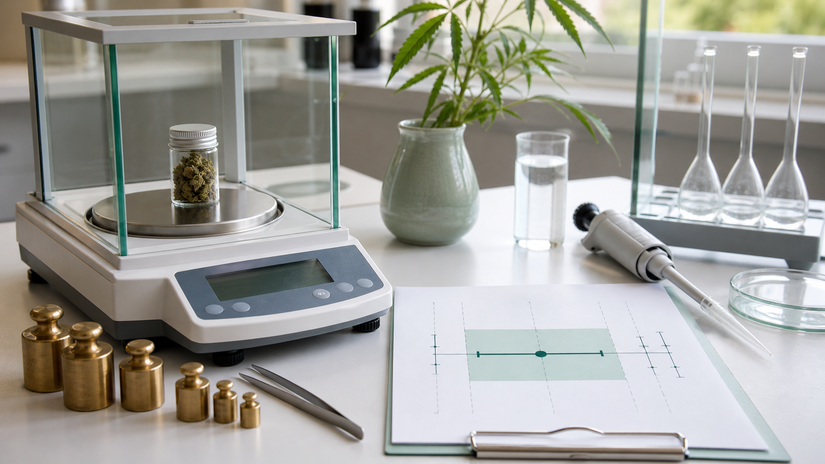 Laboratory balance and report showing a measured value with a carefully marked uncertainty interval