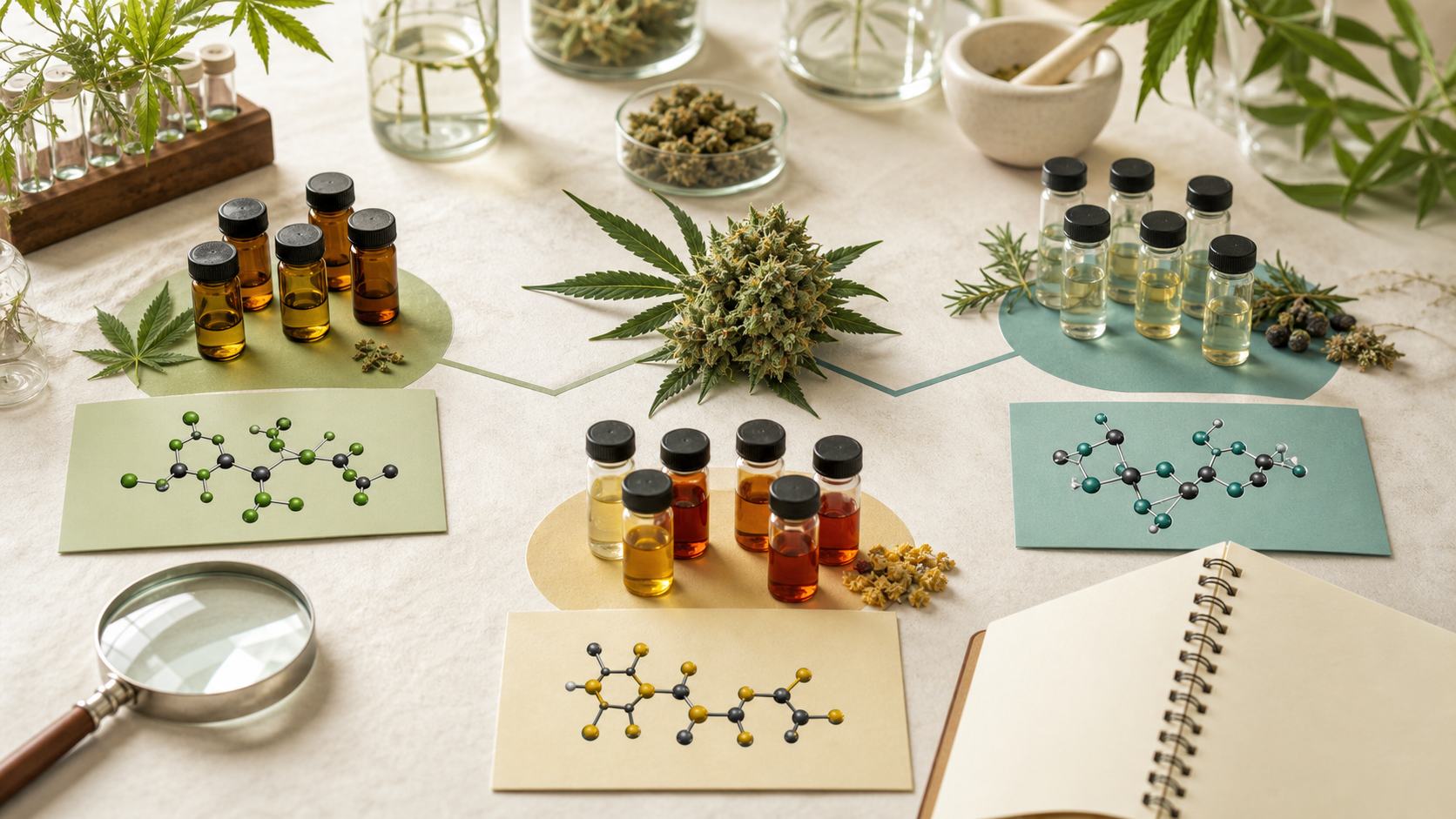 Hemp flower, laboratory vials, and three abstract compound-family diagrams arranged as a chemistry map