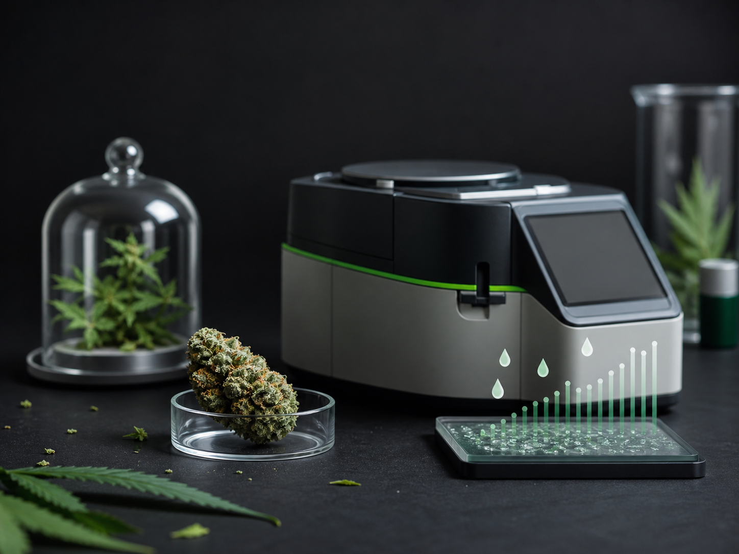 Hemp flower beside laboratory moisture-analysis equipment and a water-activity chart