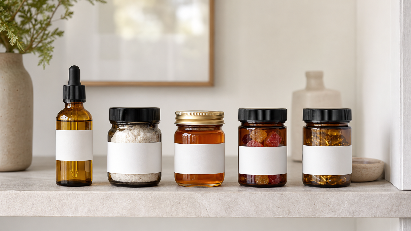 Five unbranded sealed containers representing hemp oil, isolate powder, distillate, gummies, and gel capsules on a shaded shelf