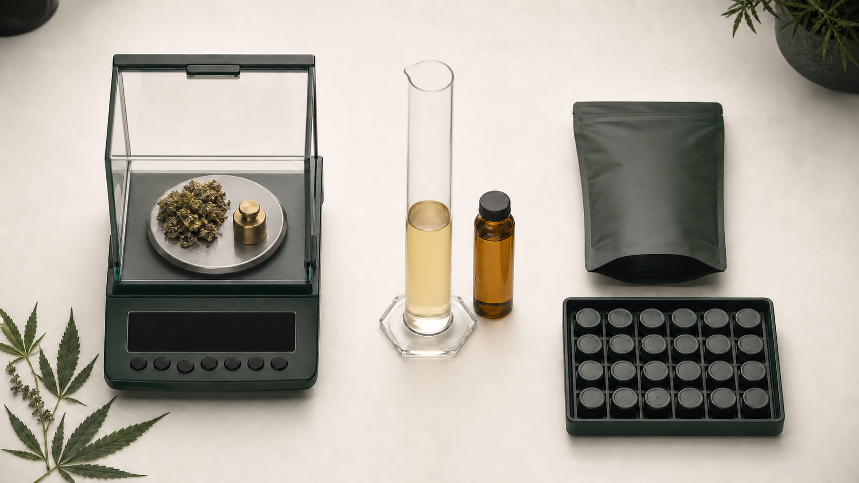 Laboratory measurement still life showing solid mass, liquid volume, and package amount as separate quantities