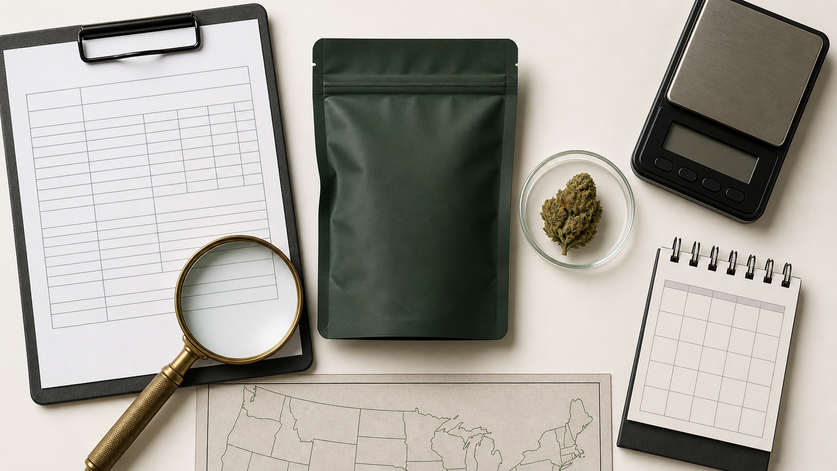 Sealed flower package, batch document, scale, and dated law record arranged as a factual comparison checklist