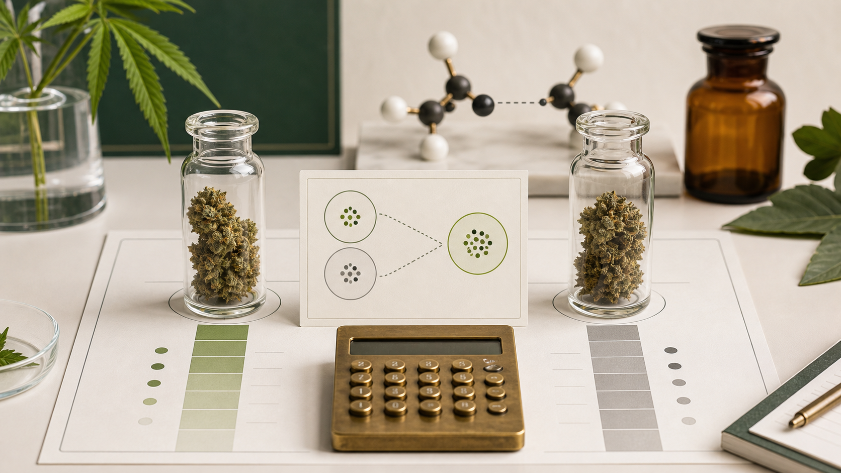 Laboratory calculation showing THCA and delta-9 THC measurements combining into a total THC result