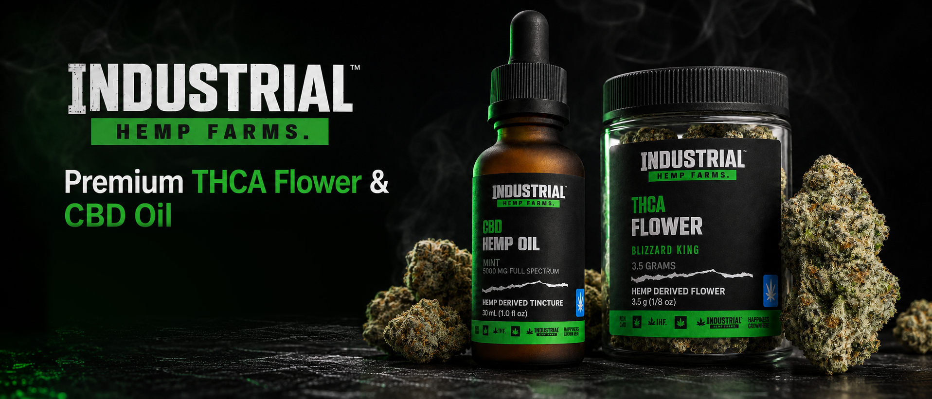 Industrial Hemp Farms CBD hemp oil and Blizzard King THCA flower products with hemp flower
