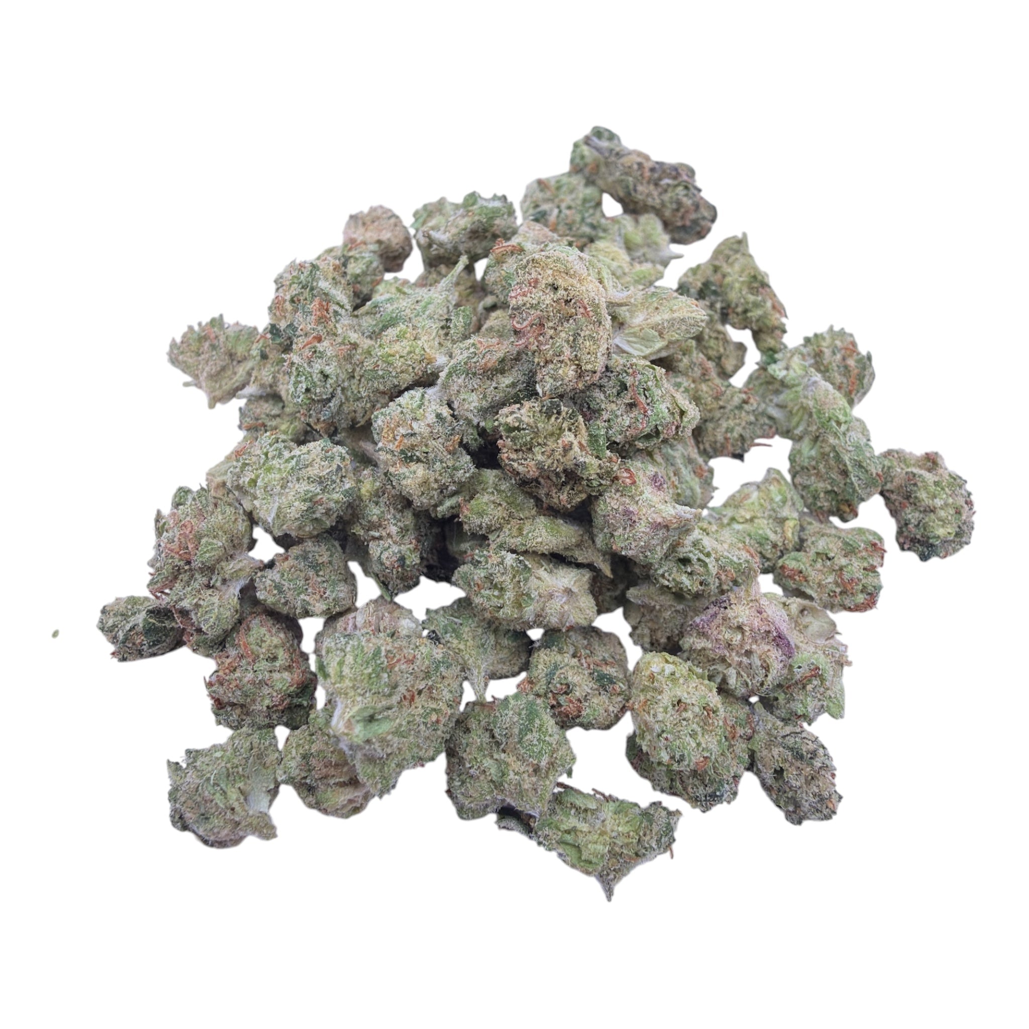 Close-up of Alien OG Micro THCA small buds on a white background