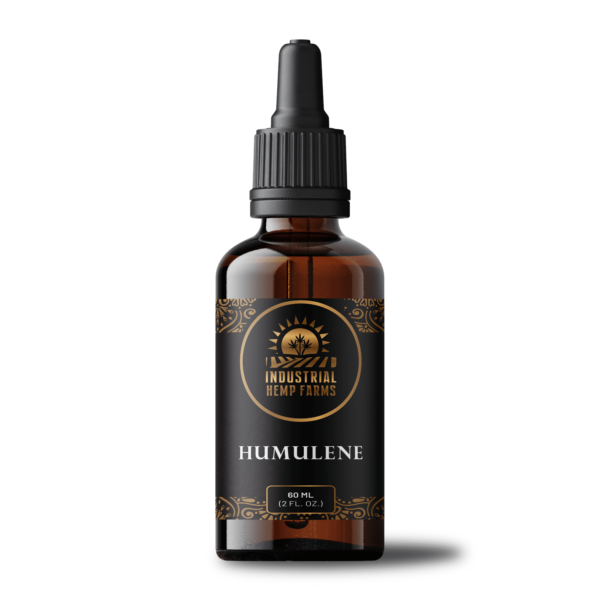 brown amber tincture bottle with a black label that reads humulene