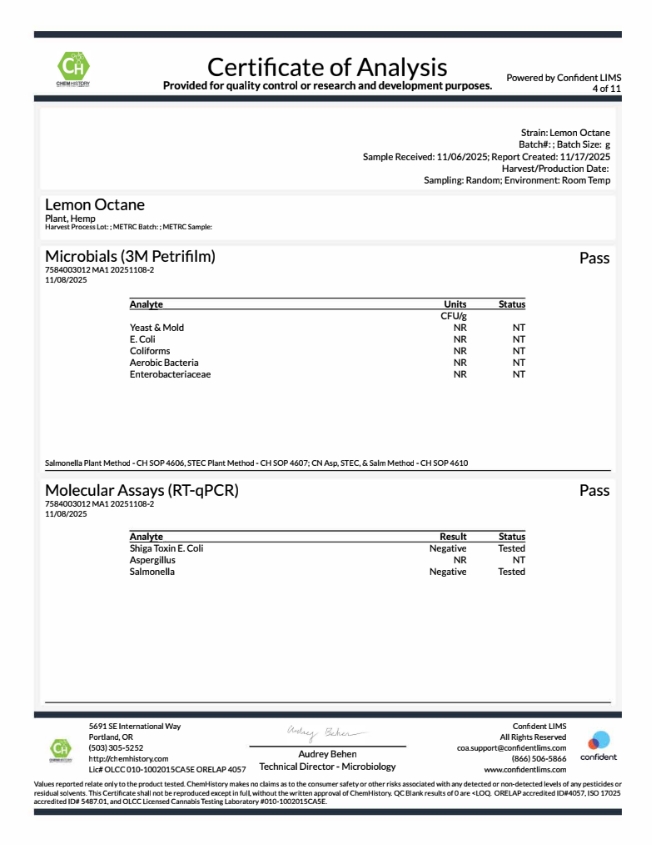 Lemon Octane Microbials coa
