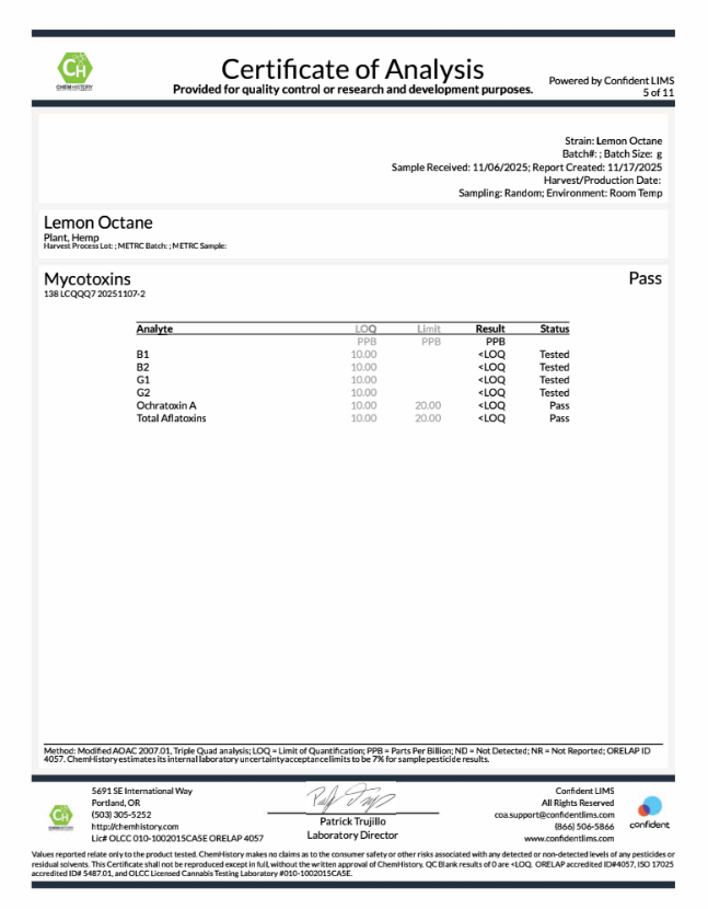 Lemon octane mycotoxins coa
